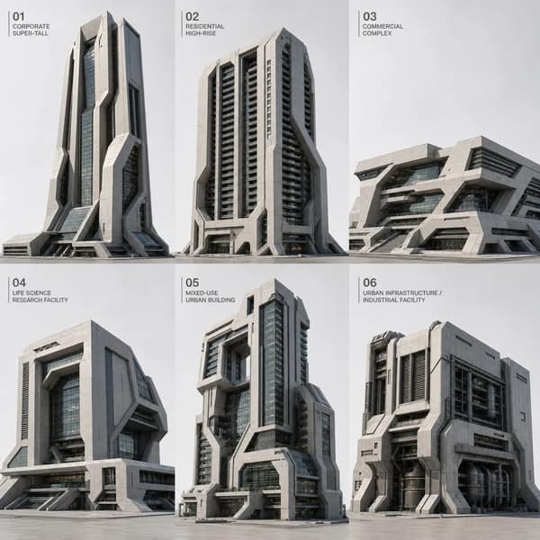 Professional Architectural Concept Sheet Showing Six Disti